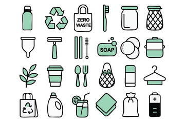 An illustrated collection of eco-friendly icons showcases sustainable living practices, emphasizing zero waste, reusable items, and environmental consciousness in a clean, modern style.