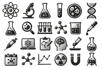 A detailed collection of black and white science and laboratory icons, illustrating concepts from chemistry, biology, and research for various applications.