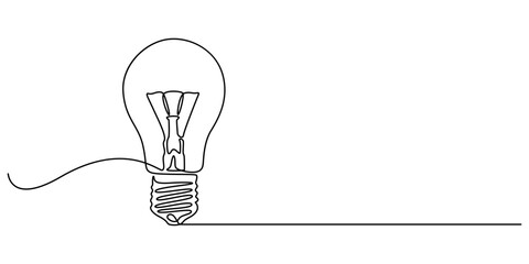 Continuous one line drawing of electric light bulb. Concept of idea emergence. Vector illustration., Light bulb continuous one line drawing. Single line vector illustration with editable stroke, One.