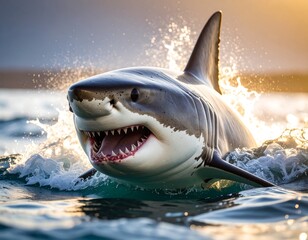 Naklejka premium Great white shark emerging from ocean waves at sunset