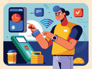 Person using smartwatch for contactless payment at terminal vector