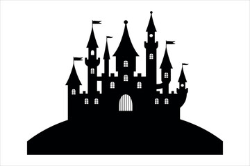 Obraz premium Black castle silhouette with flags and white medieval