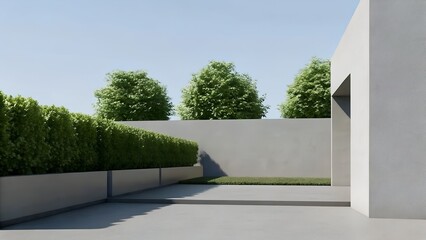 Modern Outdoor Space with Concrete Elements and Greenery – Minimalist Landscape Scene Featuring Raised Planter, Trees, and Structural Shadows