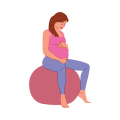 A pregnant woman sitting on gymnastic ball doing yoga, perfect for pregnancy health, motherhood, and parenting designs. Pregnant woman outline flat vector concept.