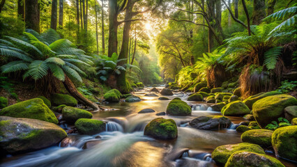 Sunlit forest stream flowing over mossy rocks and ferns river water