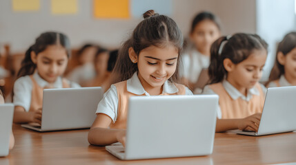 Young students engaged in learning on laptops in a bright classroom, fostering a tech-savvy learning environment with focus and collaboration.