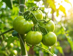 Green tomatoes on vine in a greenhouse