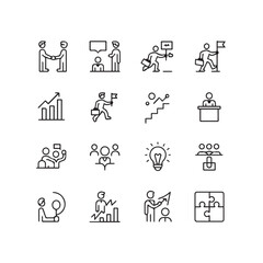 Collection of business and teamwork icons representing collaboration success growth and strategy