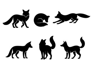 Collection of six black fox silhouettes in various poses isolated on white background silhouette