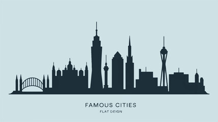 Fototapeta premium World Famous Cities Skyline Vector Illustration Flat Design Style with Tower Buildings Skyscrapers Domes and Modern Architecture Silhouette Artwork