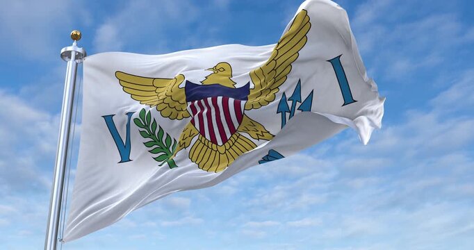 United States Virgin Islands flag with flagpole waving in wind, rolling clouds background looping, 4K video (Perfect Loop)