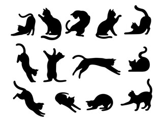 Collection of playful cat silhouettes in various dynamic poses isolated on white background silhouette