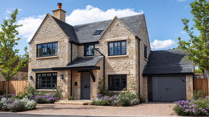 Exterior view of a two story stone house with a gray roof and manicured landscaping on a sunny day
