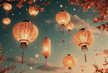 Obraz premium Ornate paper lanterns glowing warmly against a dark autumn sky