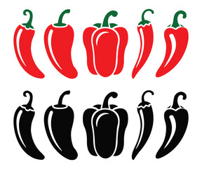 Red and Black Chili Peppers and Bell Peppers Vector icon Illustration Set. hot pepper, paprika on white background
