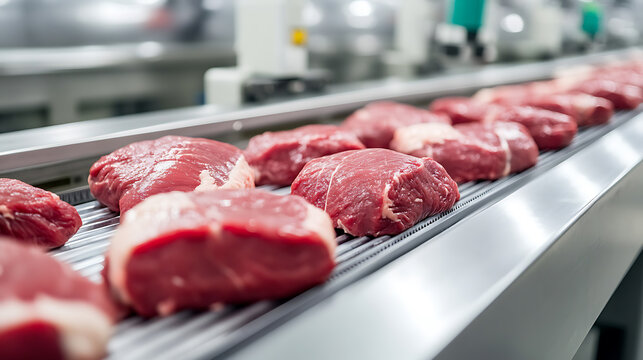 Raw meat pieces on a conveyor belt, prepared for further processing in a food production facility with a focus on hygiene, efficiency and quantity.