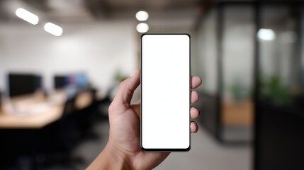 Hand holding smartphone with blank white screen mockup in modern blurred interior background perfect for app presentation and mobile design