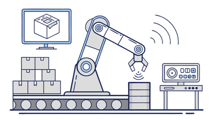 Flat vector of robotic arm in smart factory assembling products with industrial automation and AI integration.

