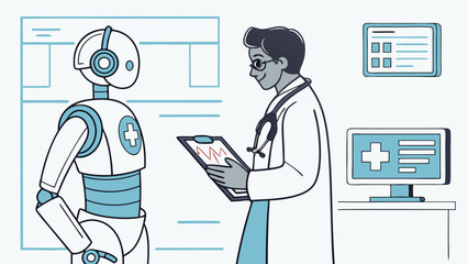 AI in healthcare vector featuring medical robot assisting doctor with diagnostics report and predictive treatment




