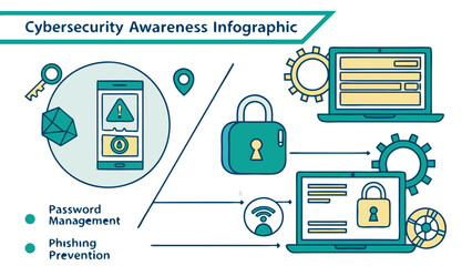 Cybersecurity awareness infographic vector showing steps for safe internet usage password management and phishing prevention




