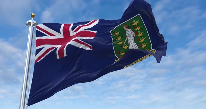 British Virgin Islands flag with flagpole waving in wind, rolling clouds background looping, 4K video (Perfect Loop)