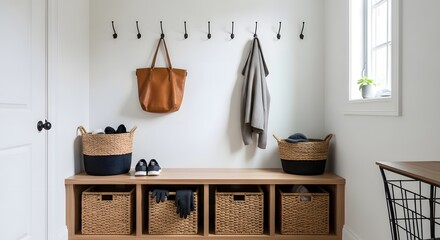 Organized entryway featuring stylish storage solutions, perfect for showcasing home organization and welcoming design for a modern, clutter-free lifestyle with natural light