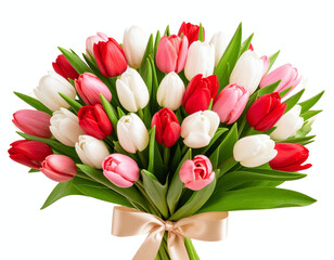 Obraz premium Elegant Vertical Tulip Bouquet with Ribbon Tie, Bright Spring Flowers Isolated on Transparent Background PNG 