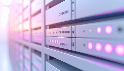 Soft pastel-themed data switch setup with lavender lights and light grey background, blending tech with feminine color palette in creative visualization.