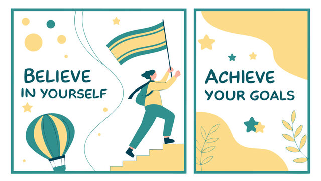 Inspiring duo of posters featuring a person climbing stairs with a flag and a hot air balloon promoting self belief and goal achievement