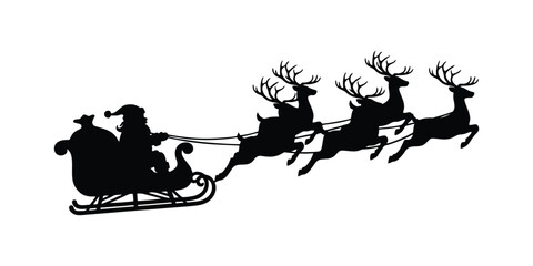 Santa Claus on sleigh flying sky with reindeers black vector silhouette on white background. illustration design for winter holiday decoration, Christmas greeting card and Happy new year
