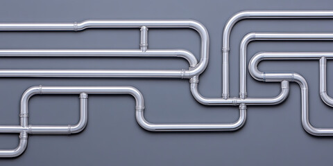 Interconnected silver pipes run across a gray background, forming an abstract network of plumbing or industrial design, creating a modern, minimalist aesthetic.