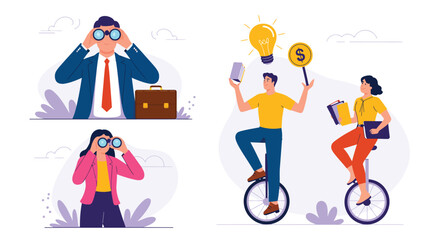 Set of four creative illustrations symbolizing ambition, vision, balance, and success using binoculars, unicycles, books, coins, and light bulbs © Mushtaq