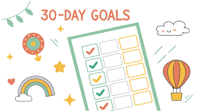 Cute and colorful 30 day goals checklist with checkmarks stars a rainbow hot air balloon and a happy cloud
