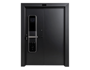 Smart Black Electronic Door Lock with Digital Touchscreen and Lever Handle, Front View on transparent background PNG