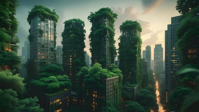 Overgrown city skyscrapers reclaimed by nature in a post apocalyptic world