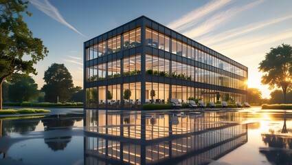 Fototapeta premium Modern glass office building reflecting sunset sky on wet pavement