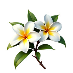Fototapeta premium Close up of three plumeria flowers with green leaves isolated on transparent background
