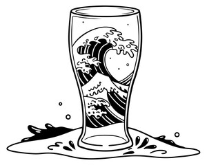 Ocean wave inside a beer glass silhouette