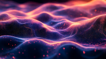 Obraz premium Digital abstract wave with glowing orange and purple light, creating smooth flowing surface with sparkling particles and gentle oscillation