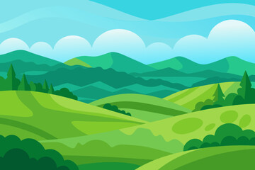 Panoramic Lush Green Landscape Vector Illustration
