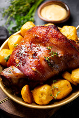 Baked pork knuckle with potatoes and cheese sauce