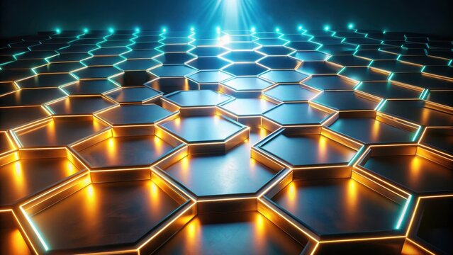 Illuminated Hexagonal Grid Abstract Technological Background with Glowing Edges and Dynamic Lighting Effects