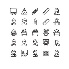 Collection of hand drawn doodle style icons representing school supplies and students in a classroom setting
