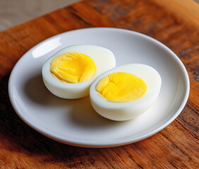 Two halves of boiled egg resting on white plate on wooden board