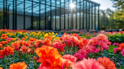 Flowerbed with blooms, spring garden, nature, and park.