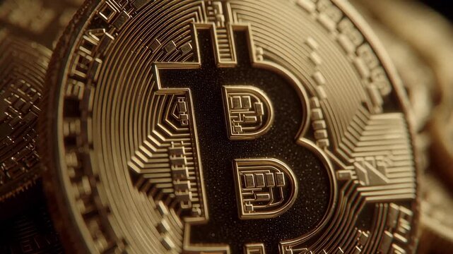 A close-up view of a shiny physical bitcoin coin with intricate circuitry patterns in gold tones.