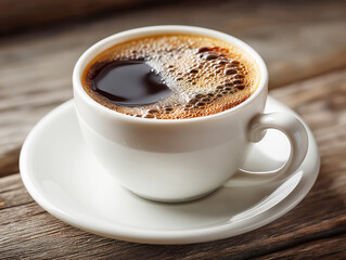 Fototapeta premium White coffee cup filled with hot freshly brewed coffee sitting on rustic wooden table
