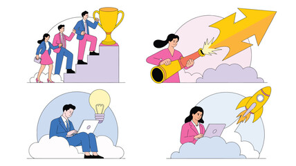 Fototapeta premium Set of four colorful illustrations symbolizing teamwork, creativity, remote work, innovation, and ambition through trophy, lightbulb, and rocket scenes