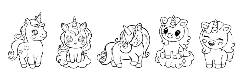 Cute Unicorn clip art outline illustration. Vector linear illustration set  for coloring book, coloring page


