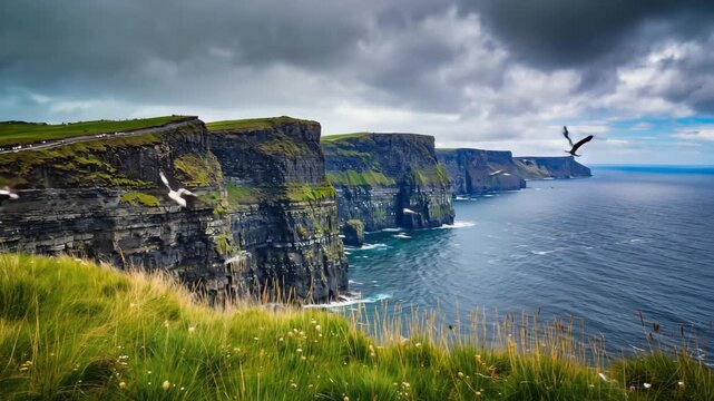 A dramatic coastal cliff overlooking a vast ocean, waves crashing against the rocks below, seagulls flying above, grassy bluff in the foreground with wildflowers swaying in the breeze, storm clouds 